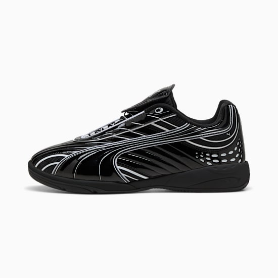 Black PUMA trainer with white curved line details for adults.