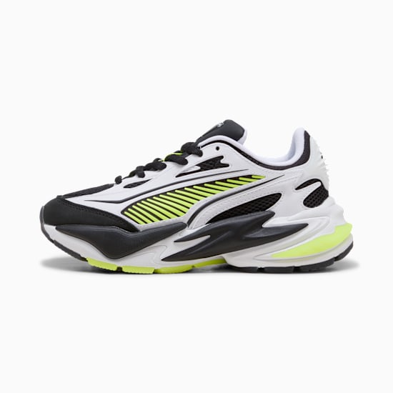 White PUMA trainers for youth with black and lime green accents.
