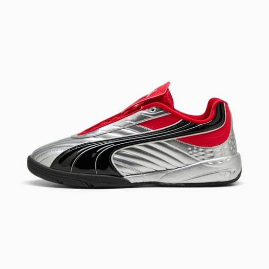 Silver PUMA unisex shoe with black formstrip and red detailing.