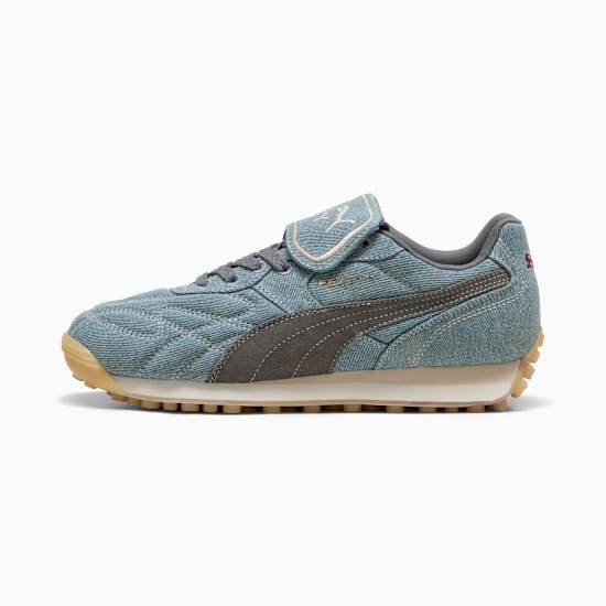 Blue PUMA women's trainer with grey formstrip and quilted denim-style upper.
