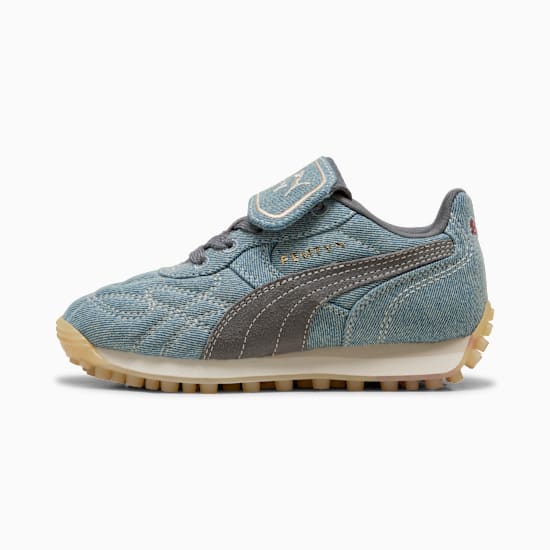 Blauwe PUMA schoen voor peuters met gewatteerd denim effect en grijze formstrip.