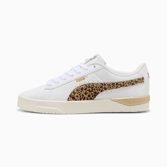 White PUMA trainer with a leopard print stripe and gold accents for women.