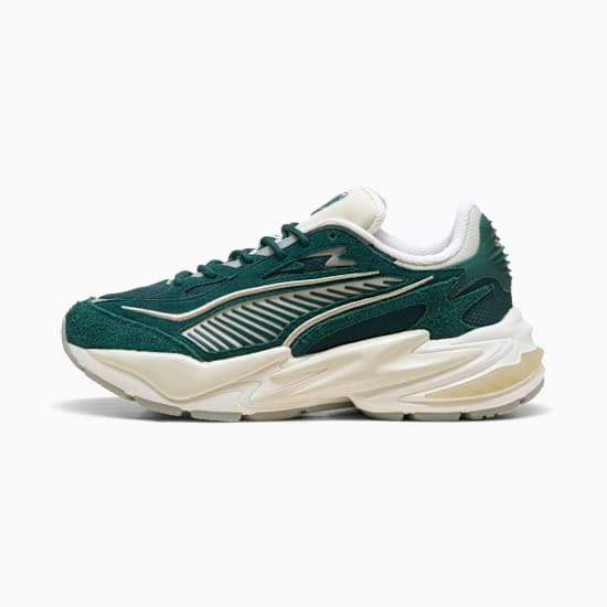 Green PUMA trainer with off-white sole and striped detailing for adults.