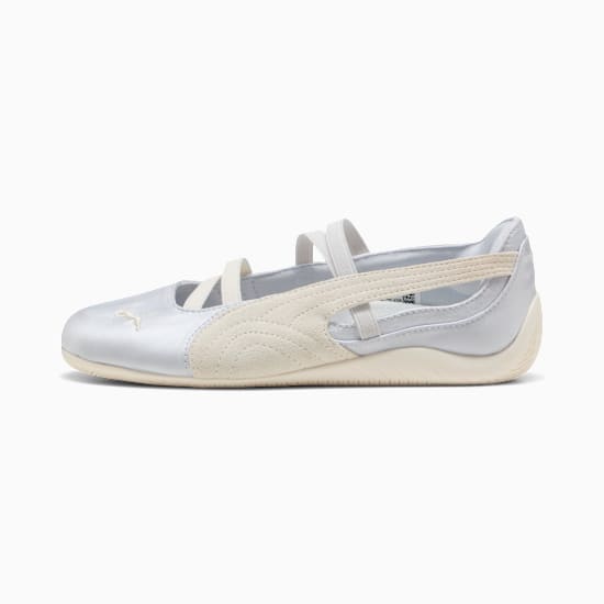 Silver PUMA women's shoe with elastic straps and suede-like detailing.