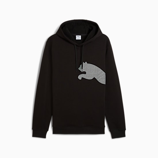 Black PUMA hoodie for adults with a large grey jumping cat graphic on the chest.