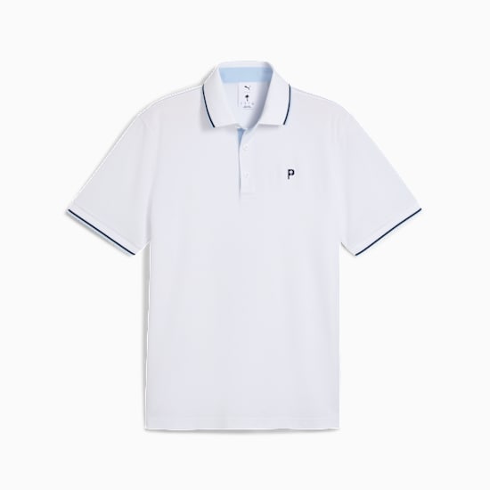 White PUMA men's polo shirt with short sleeves and a small, dark logo on the chest.