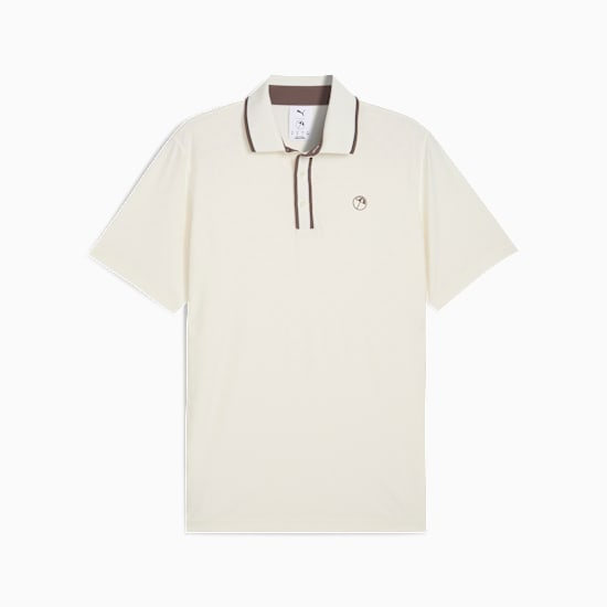 Cream PUMA men's polo shirt with short sleeves, brown trim and small logo.
