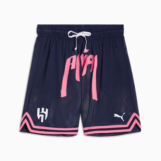 Navy PUMA men's shorts with pink accents, a drawstring, and mesh fabric.