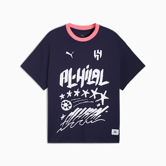 Navy PUMA T-shirt for adults, featuring a pink neck and a white graphic design.