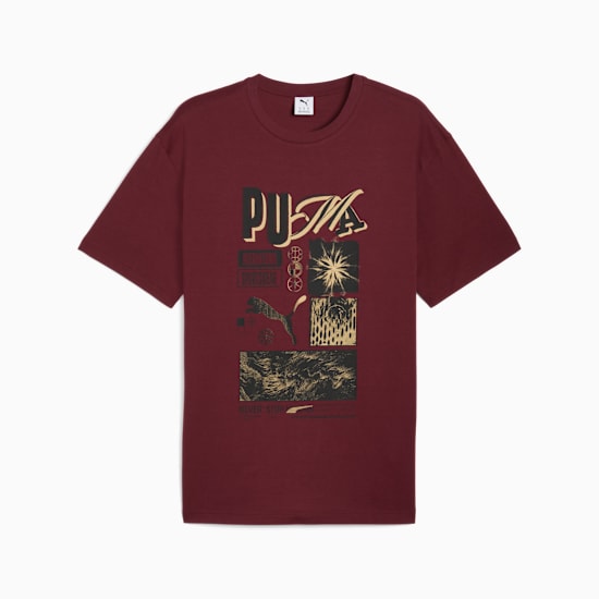 Burgundy PUMA men's T-shirt with a graphic print featuring the brand's logo and various motifs.