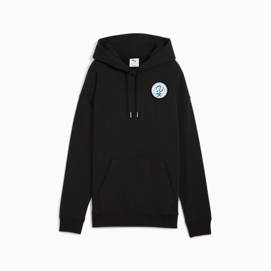 Black PUMA hooded top for adults with a blue and white circular logo on the chest.