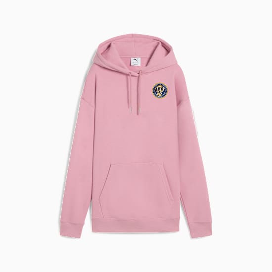 Pink PUMA hoodie with drawstrings, pouch pocket, and circular logo patch.
