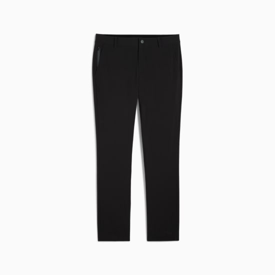 Black PUMA trousers for men, featuring a side zip pocket and a button closure.