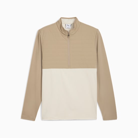 Beige PUMA men's top with zip neck and two-tone design.