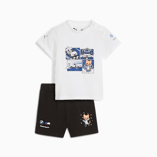 Set PUMA bianco per bambini, con t-shirt grafica e pantaloncini neri con logo e personaggio.