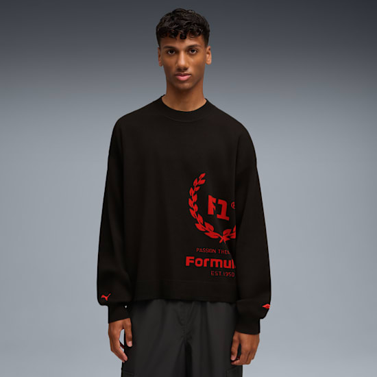 A model poses against grey wearing a black Formula 1 branded jumper and dark trousers.