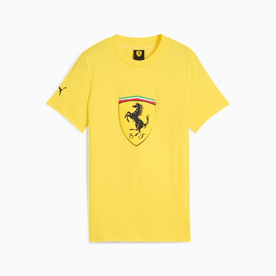 Yellow PUMA t-shirt for youth featuring a Ferrari logo shield on the chest.