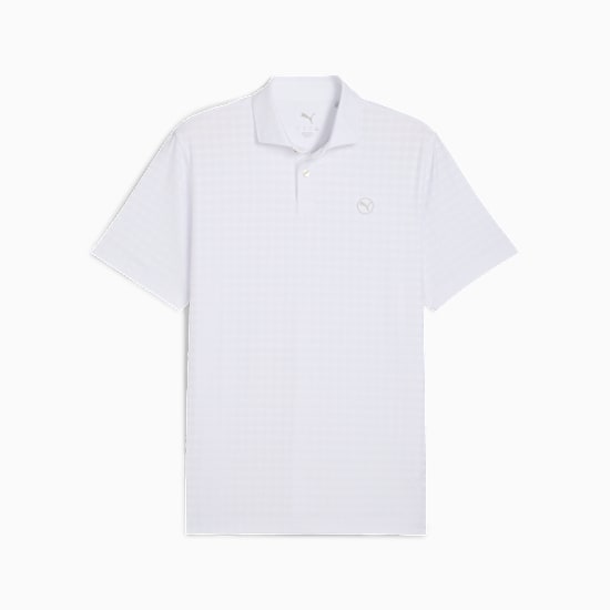 White PUMA polo shirt for men with a subtle textured pattern and short sleeves.