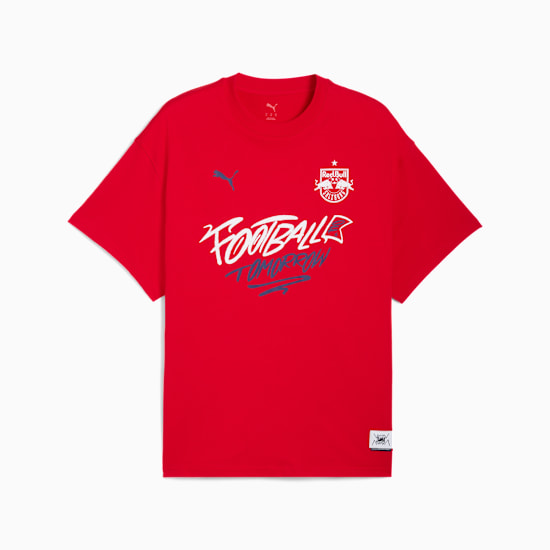 T-shirt rouge PUMA adulte avec inscription 'Football' et logos.