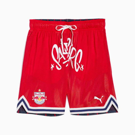 Red PUMA shorts for adults, featuring a mesh design and sports logos.