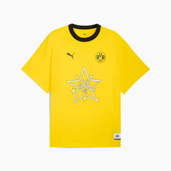Yellow PUMA T-shirt for adults with BVB logo and star design on the front.