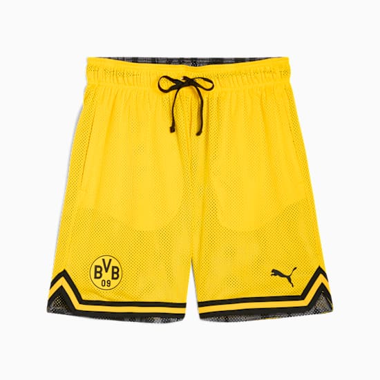 Yellow PUMA men's shorts with BVB logo and black trim.