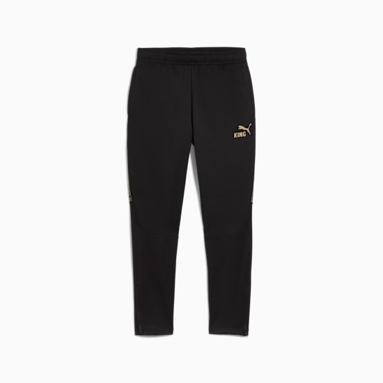 Black PUMA trousers for adults with gold 'KING' logo and zipped ankles.