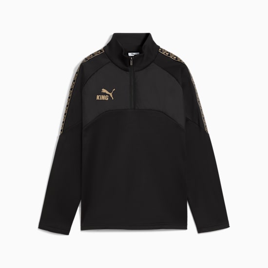 Black PUMA King top, adult size, with golden logo and patterned sleeve trim.