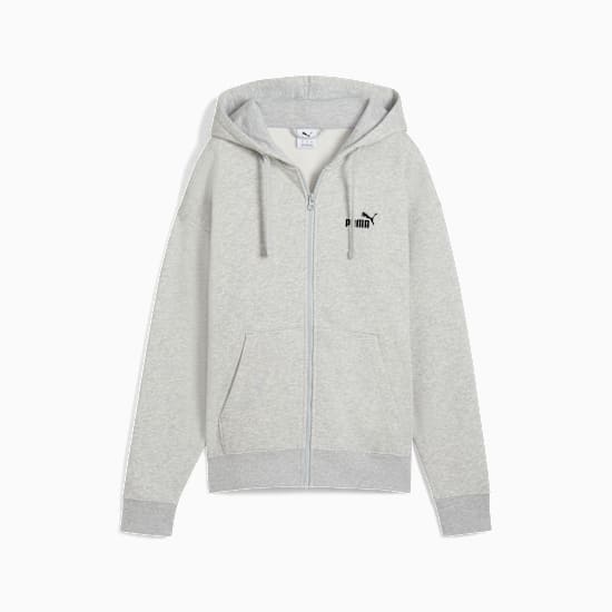 Grey PUMA hooded zip-up top, for adults, featuring a small logo on the chest.