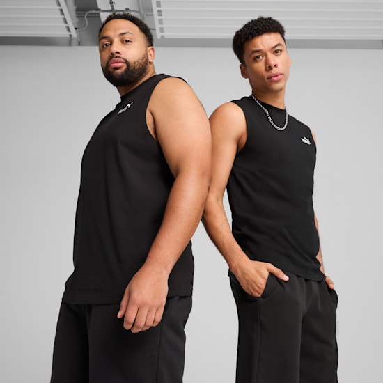 Two models pose back-to-back in black sleeveless tops and matching black bottoms.