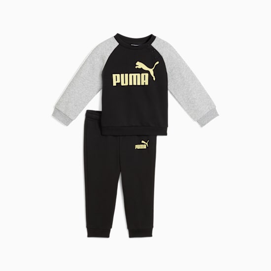 Black PUMA tracksuit set for toddlers, featuring grey sleeves and logo.