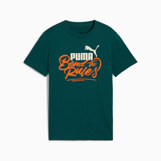 Green PUMA t-shirt, youth size, with 'Bend the Rules' graphic print.