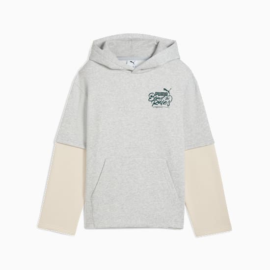 Grey PUMA hooded top for youth, featuring long cream sleeves and a front pocket.