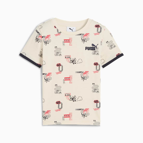 Beiges PUMA T-Shirt für Kinder mit Allover-Print-Design.