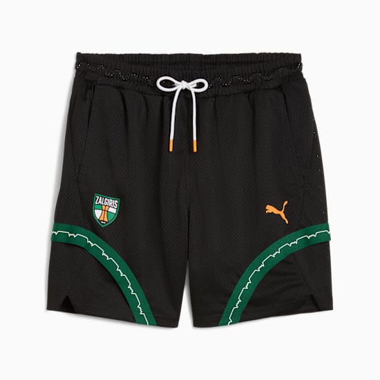 Black PUMA men's shorts with a mesh texture, drawstring, and green/white graphic details.