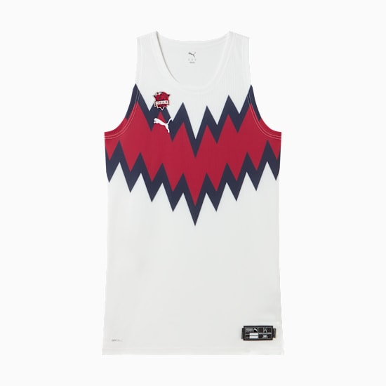 White PUMA vest top with red and navy zigzag pattern for adults.