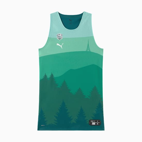 Green PUMA vest top, adult size, with a mountain and forest graphic design.