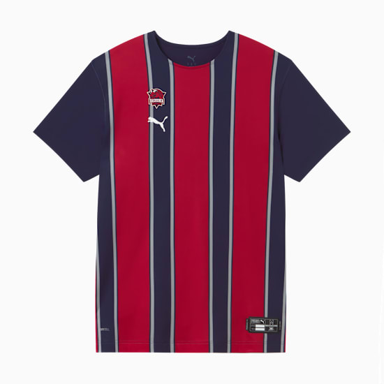 Navy and red PUMA men's T-shirt with vertical stripes, team logo and brand emblem.
