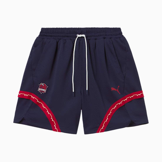 Navy PUMA training shorts with red trim, drawstring and logos.