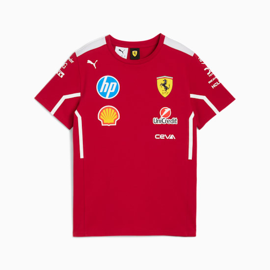 T-shirt PUMA rossa da bambino con loghi della squadra e strisce bianche sulle spalle.