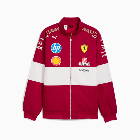 Rote PUMA Jacke für Erwachsene mit Sponsorenlogos und Reißverschluss.