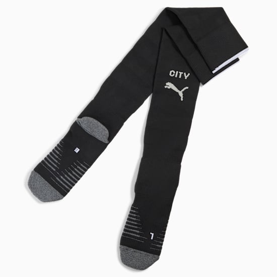 Black PUMA adult socks with CITY logo and grey toe and heel.