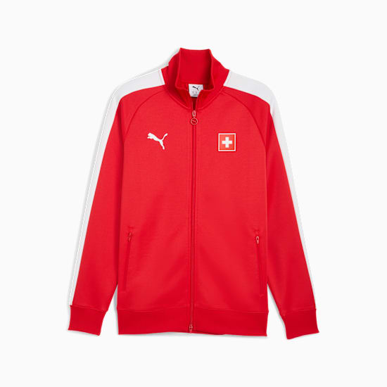 Tuta da ginnastica PUMA rossa da adulto con strisce bianche e bandiera svizzera.