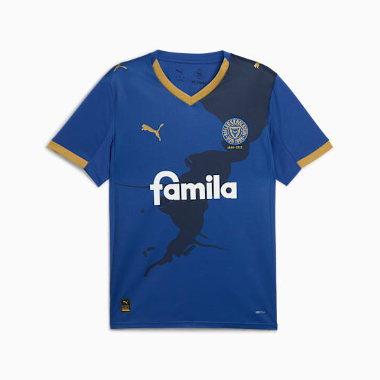 Blue PUMA football shirt, adult size, featuring gold accents and 'famila' print.