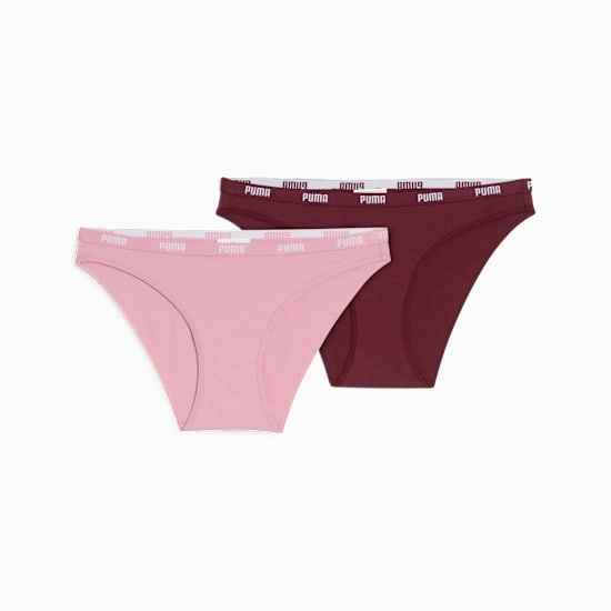 Pink and burgundy PUMA briefs for women with logo waistband detail.