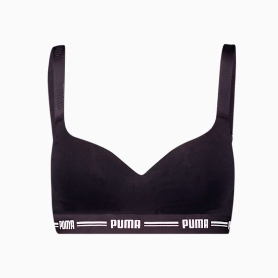 Black PUMA bra for women with a logo band under the bust.