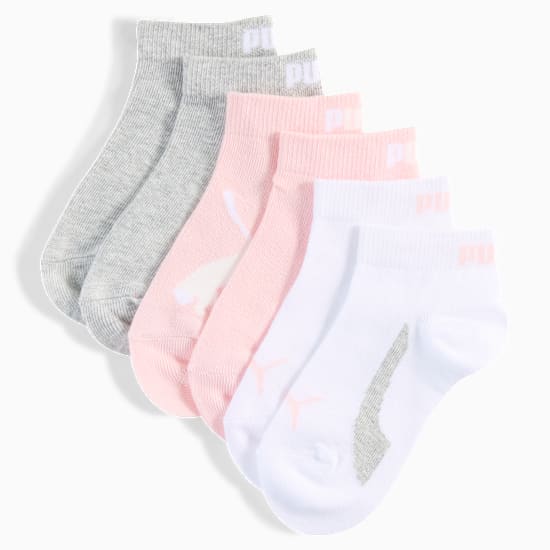 Grey, pink, and white PUMA socks for girls with logo details.