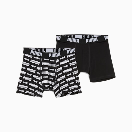 Two black PUMA boy's briefs, one plain, one with repeated logo waistband and print.
