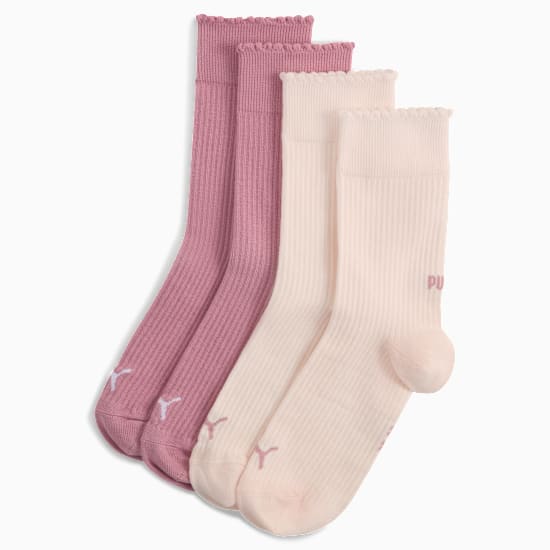 Pink and cream PUMA women's socks with ribbed design and frilled edge detailing.