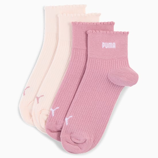 Pink and cream PUMA socks for women with ribbed texture and frilled edge.